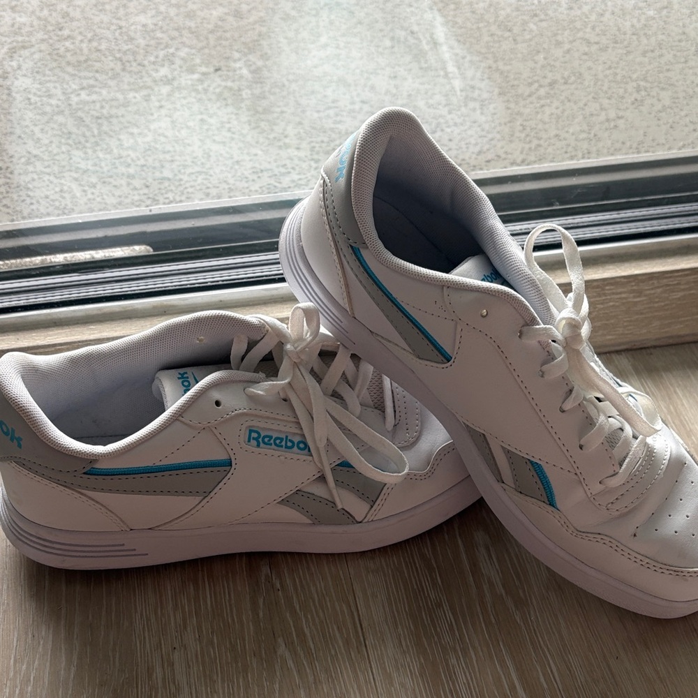 Vegan Reebok Classic White Sneakers with Blue Highlights